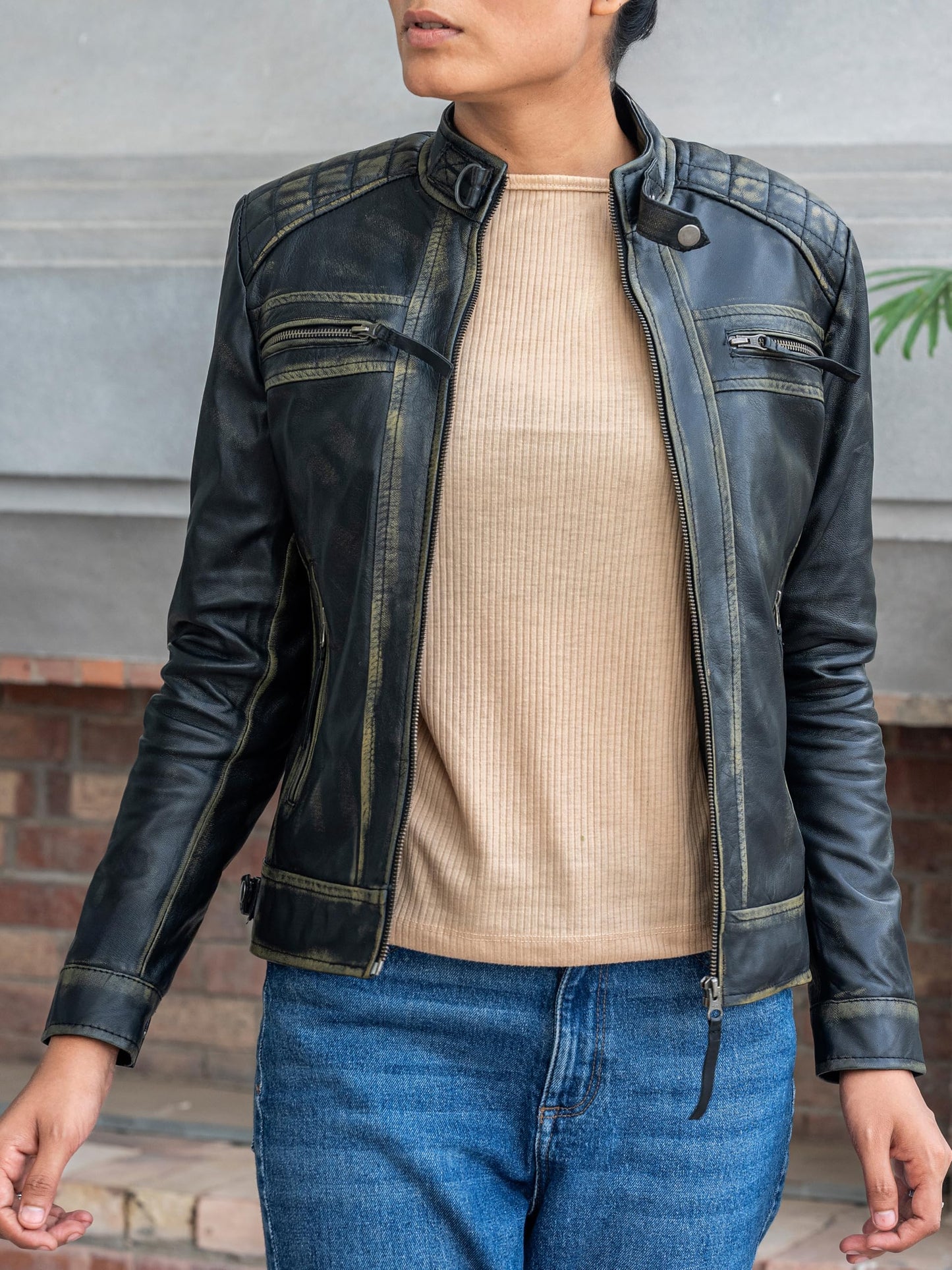 Jild Quilted Design Leather Jacket Women - Cafe Racer Style Real Lambskin Womens Leather Jacket (DW-Distressed-M)