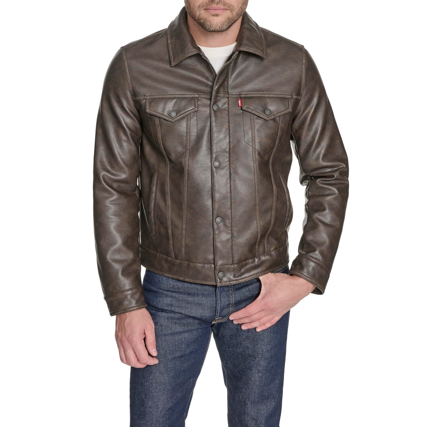 Levi's Men's Faux Leather Classic Trucker Jacket, Grainy Cow Brown, Large