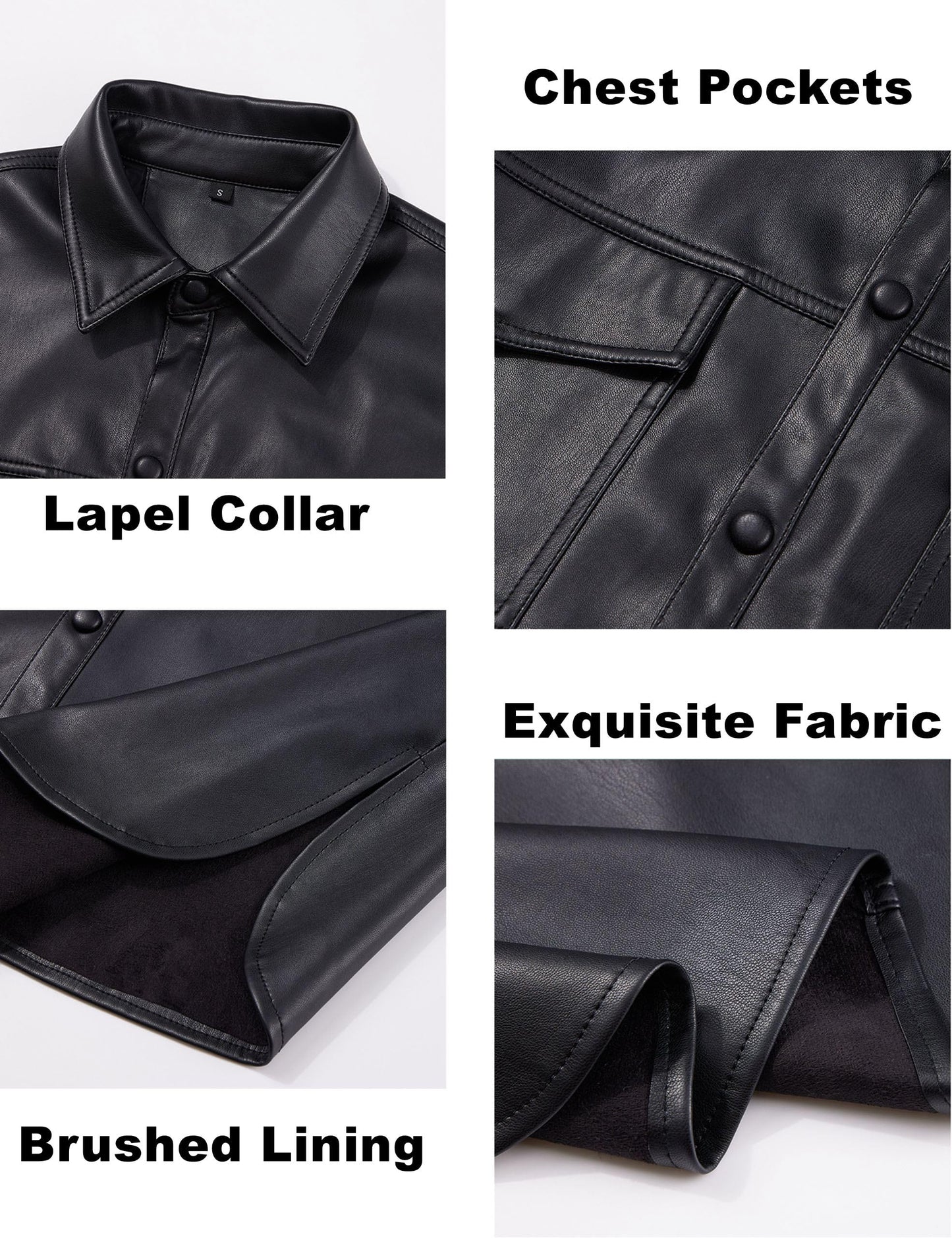 XULIKU Women Faux Leather Shacket Jacket,Fall Spring Button Down Lapel Long Sleeve Shirts with Pockets,Black,XS