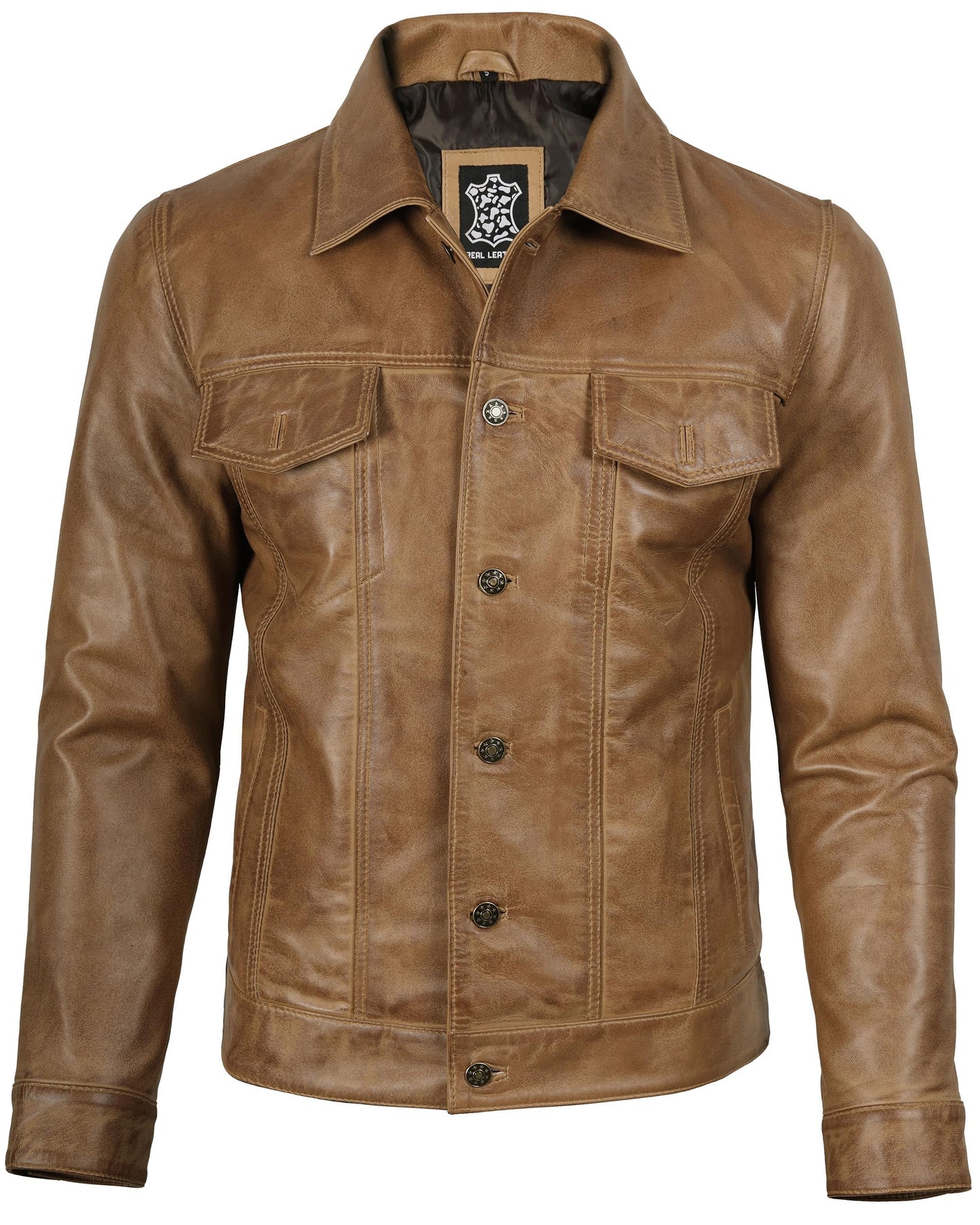 Premium Lambskin Leather Vintage Trucker Jacket Men - Shirt Collar Jackets For Mens | [1107375] Frnando Yellow, XL