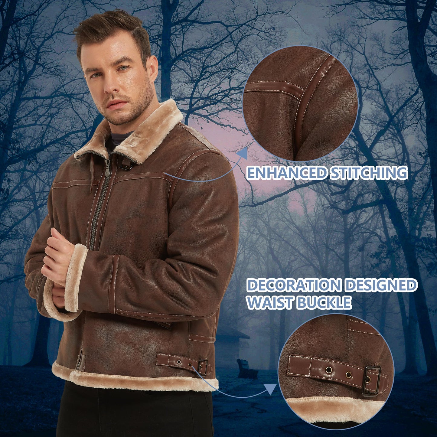 Mifidy Leather Bomber Jacket Men, Fur Shearling Outdoor Classic Brown Aviator Flight Leon Cosplay Coat Motorcycle Jacket Daily Wear Hiking Gift Small