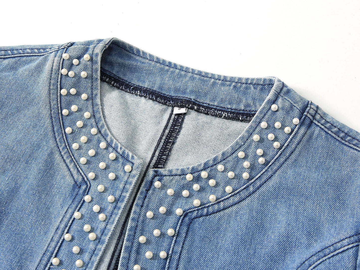 Kedera Women's Pearl Denim Jacket Long Sleeve Collarless Rivet Short Denim Coat with Pockets