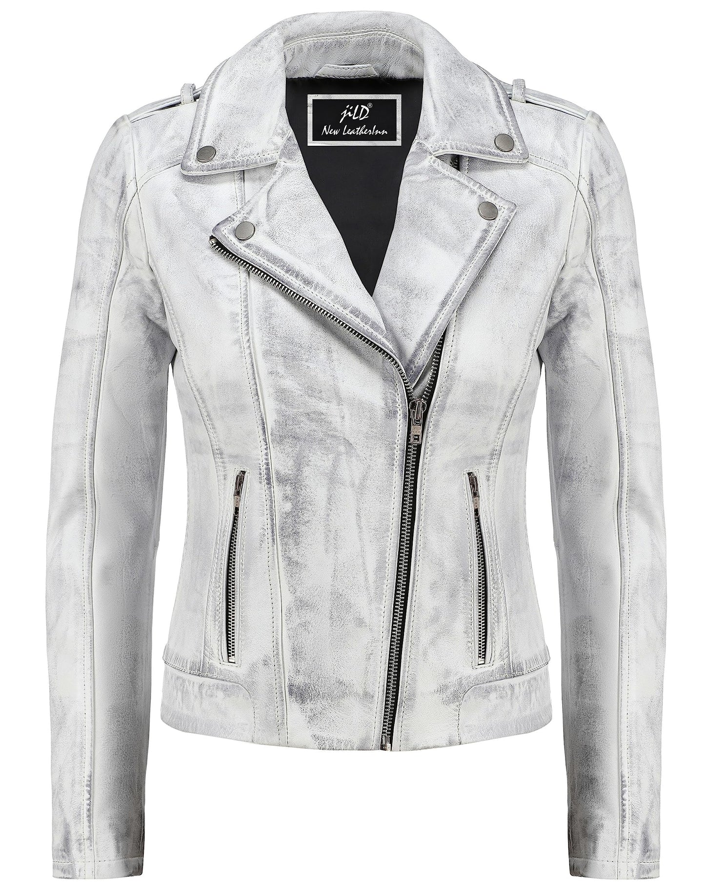 Jild Biker Style Vintage Leather Jacket Women - Casual Fashion Motorcycle Zip-Up Lightweight Coat Collar Women Leather Jacket (White-XXL)