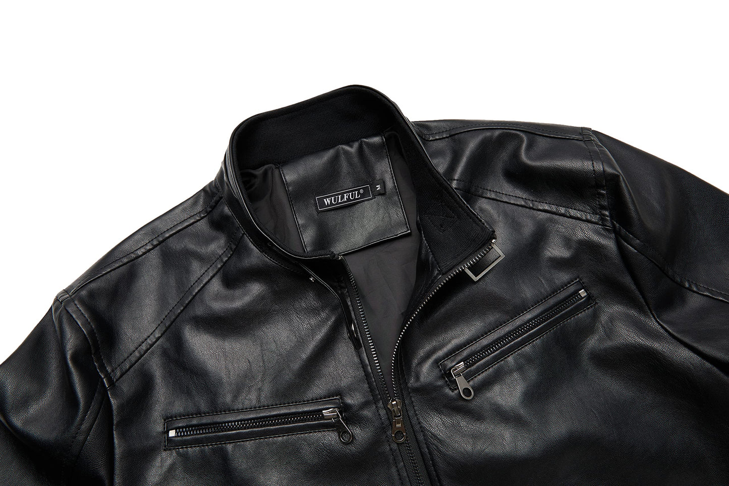 WULFUL Men's Stand Collar Leather Jacket Motorcycle Lightweight Faux Leather Outwear