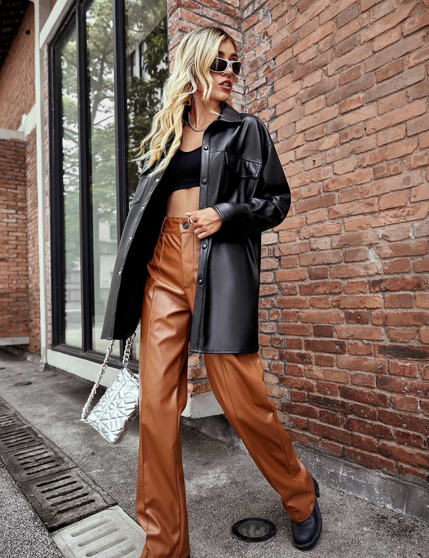 XULIKU Women Faux Leather Shacket Jacket,Fall Spring Button Down Lapel Long Sleeve Shirts with Pockets,Black,XS