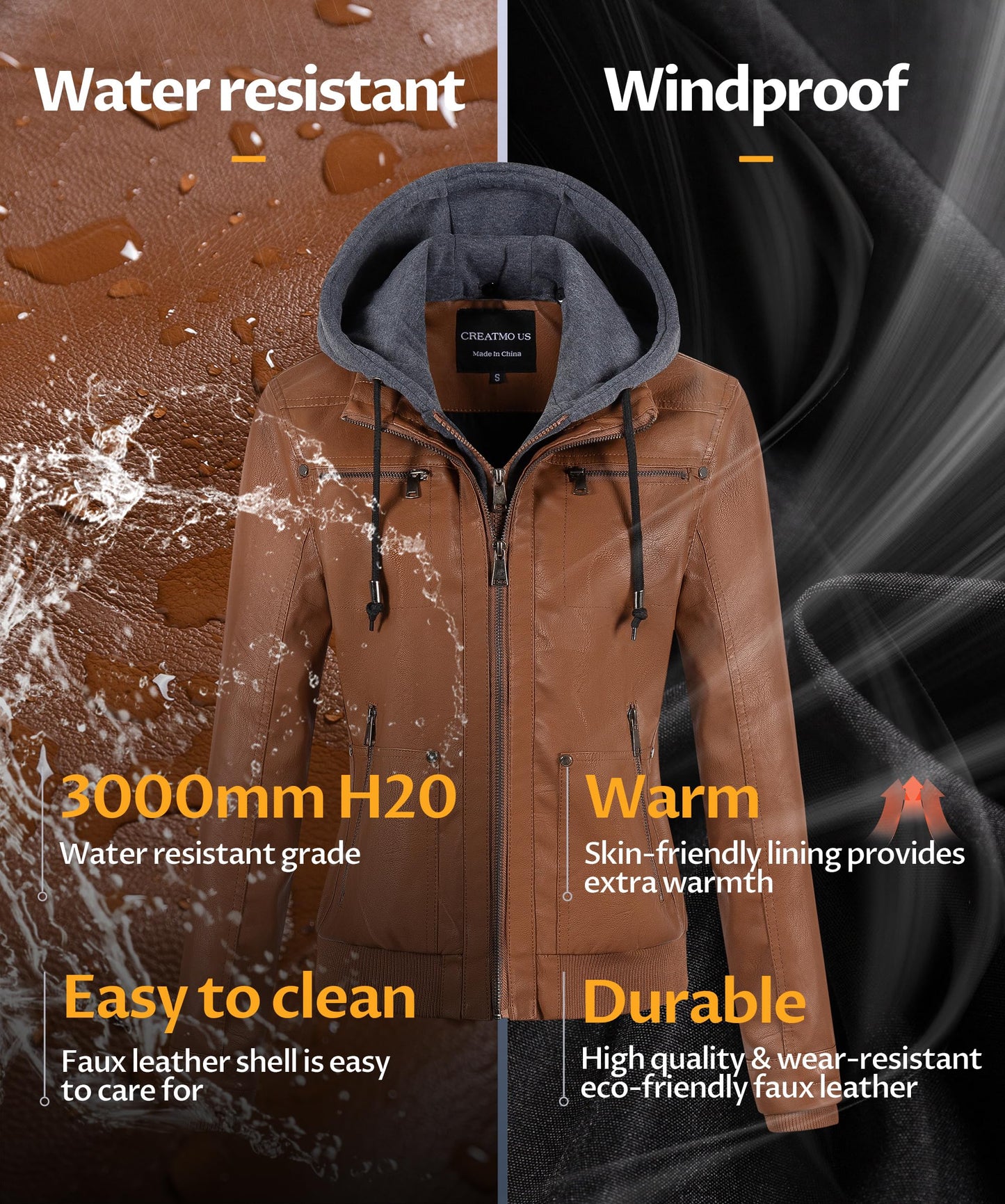 CREATMO US Faux Leather Jacket Women Womens Bomber Jackets Fashion Zip Up Lightweight Moto Biker Coat With Hood Brown 4XL