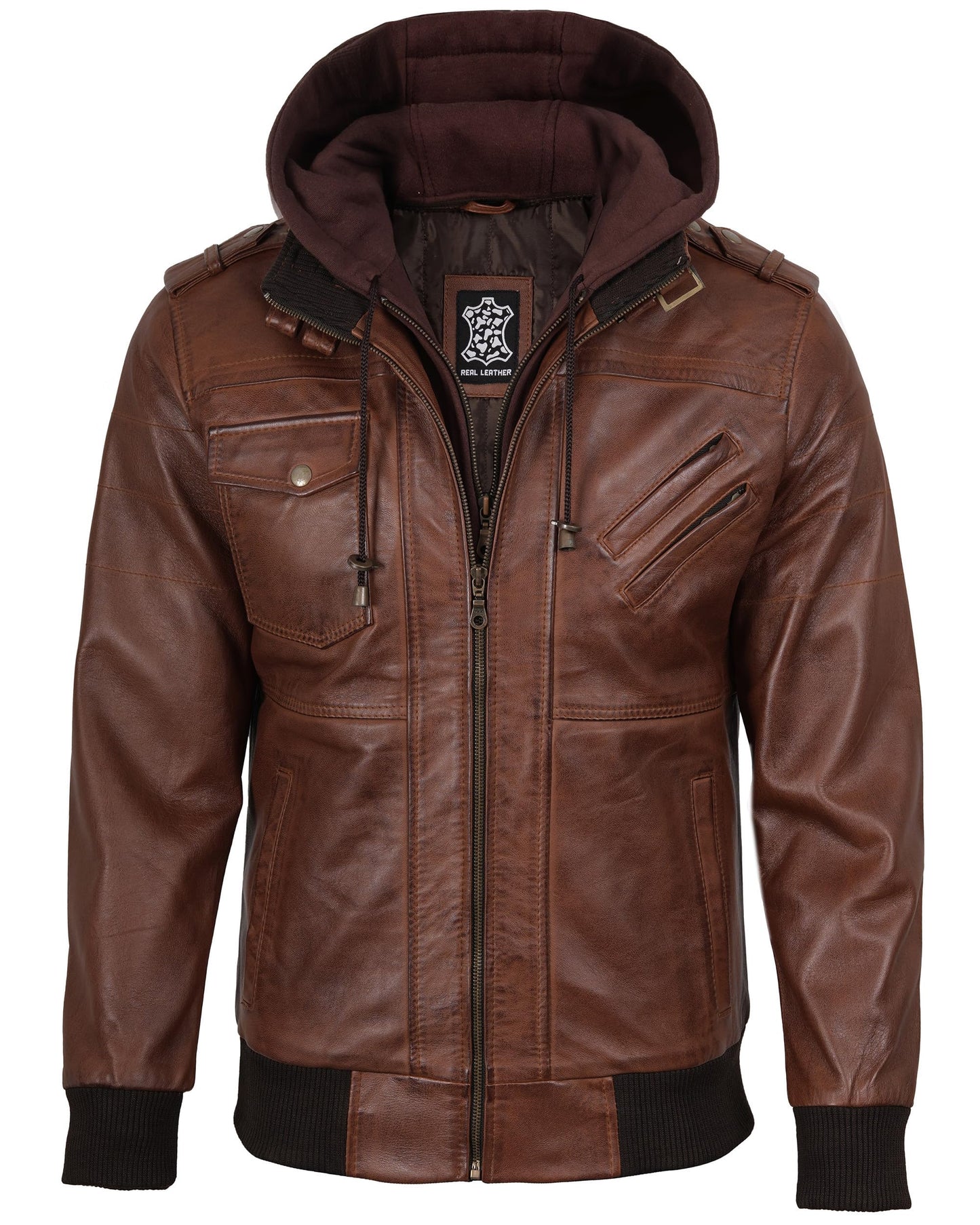 fjackets Real Leather Bomber Jacket Men - Motorcycle Stand Collar with a Removable Hood | [1100154] Edinburgh Brown, L