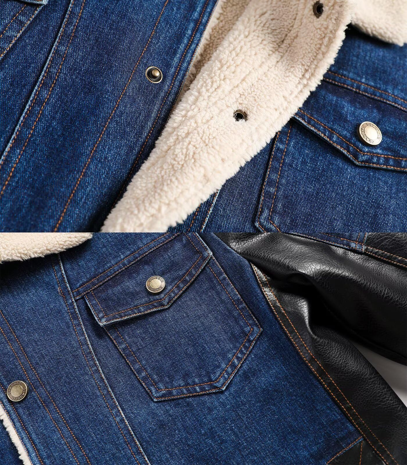 INVACHI Men's Denim Jaceket Vintage Fleece Lined Lapel Trucker Jacket with Leather Patchwork