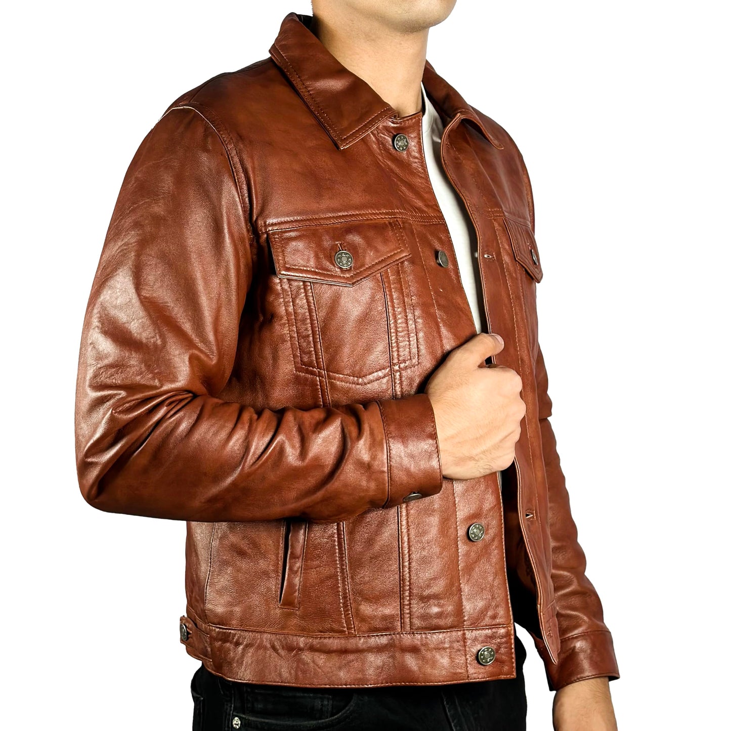 Men’s Vintage Lambskin Leather Trucker Classic Shirt Collar Style Motorcycle Cowboy Jacket