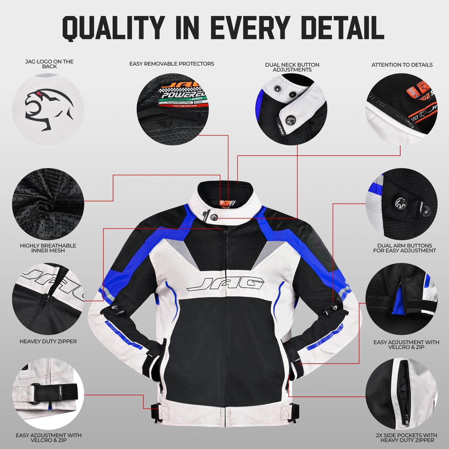 J.A.G. JAG Mesh Motorcycle Biker Jacket-CE Level 1 Armor Motorbike Jacket Men-High Visibility Riding Jacket with Armor (US, Alpha, XX-Large, Regular, Regular, Blue)