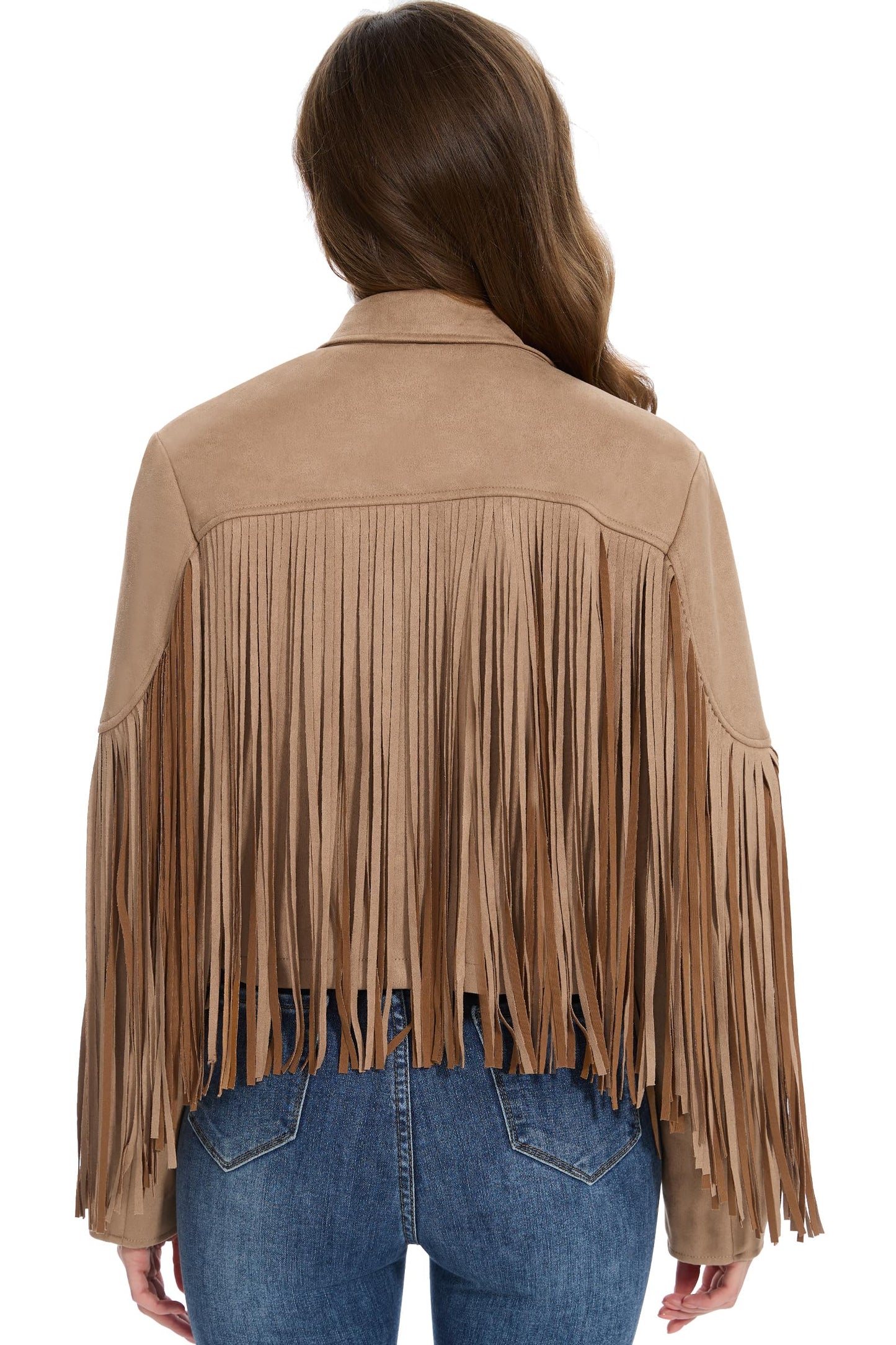 Fahsyee Fringe Leather Jacket Women, Western Cowgirl Outfits for Women Country Concert Wear Suede Cropped Coat Camel S