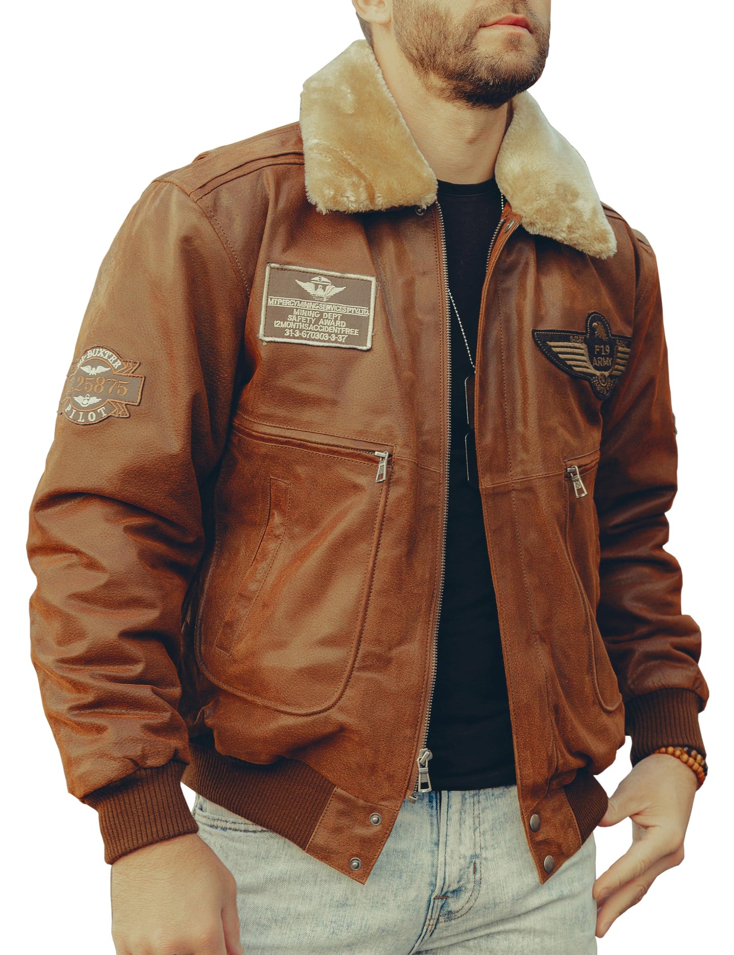 FLAVOR Men's Real Leather Bomber Jacket with Removable Fur Collar Aviator (Medium, Brown)