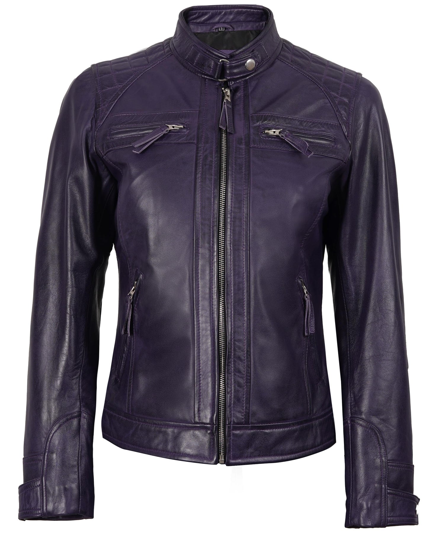 fjackets Real Leather Jacket Women - Cafe Racer Slim Fit Black Stand Collar Jackets For Womens | [1315426] Diamond1 Purple, 2XL