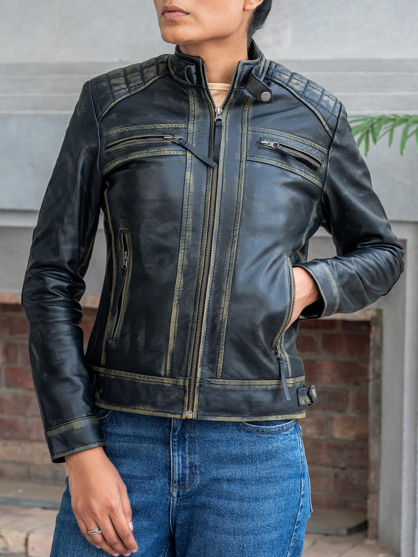 Jild Quilted Design Leather Jacket Women - Cafe Racer Style Real Lambskin Womens Leather Jacket (DW-Distressed-M)
