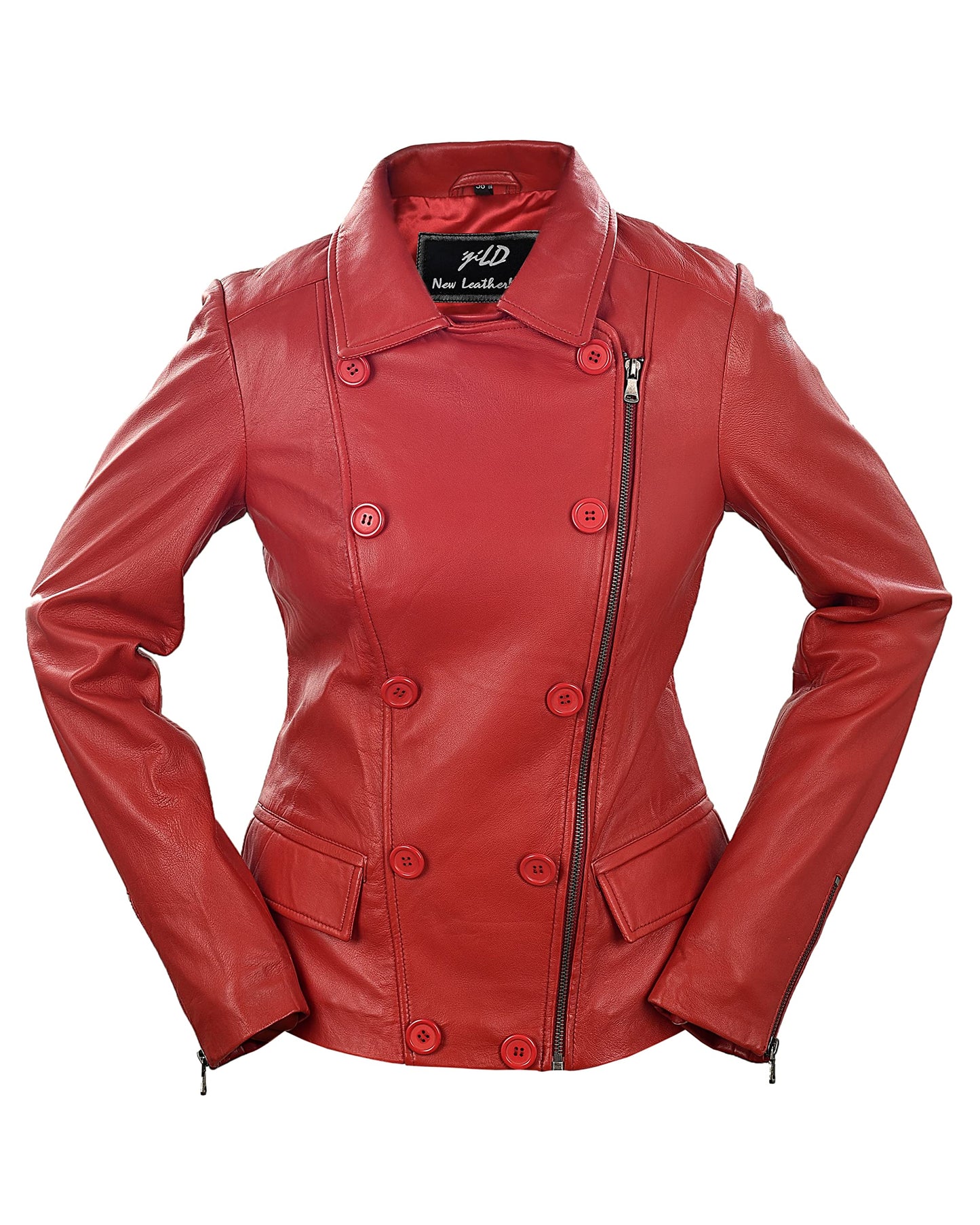 Jild Tailored Stitched Lambskin Leather Jacket Women - Coat Design Lapel Collar Belted Style Motorcycle Jacket Women (ButB-Red-M)