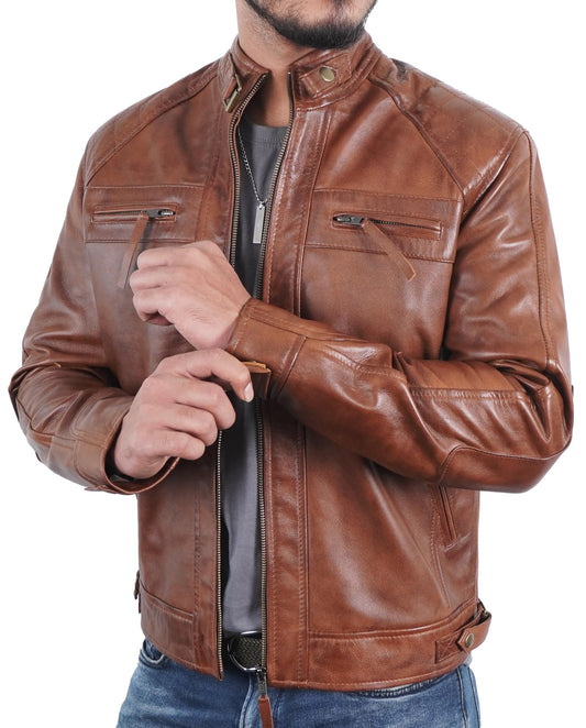 STOREJEES Leather Biker Jacket Men | Diamond Brown - S