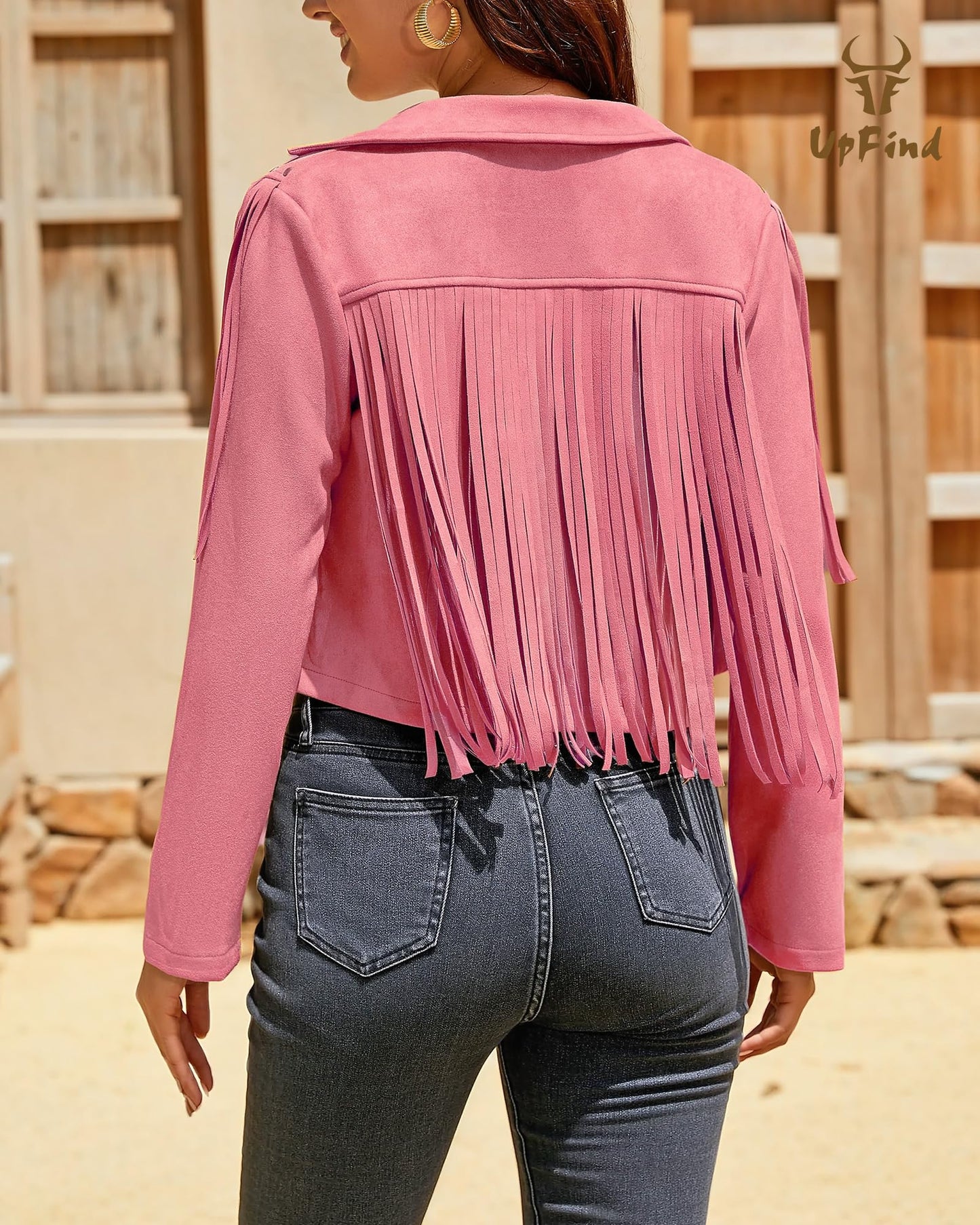UpFind Women's Fringe Faux Suede Leather Jackets Fashion Fall Western Tassel Motorcycle Cropped Open Front Coats with Rivets, Rose Pink/Medium