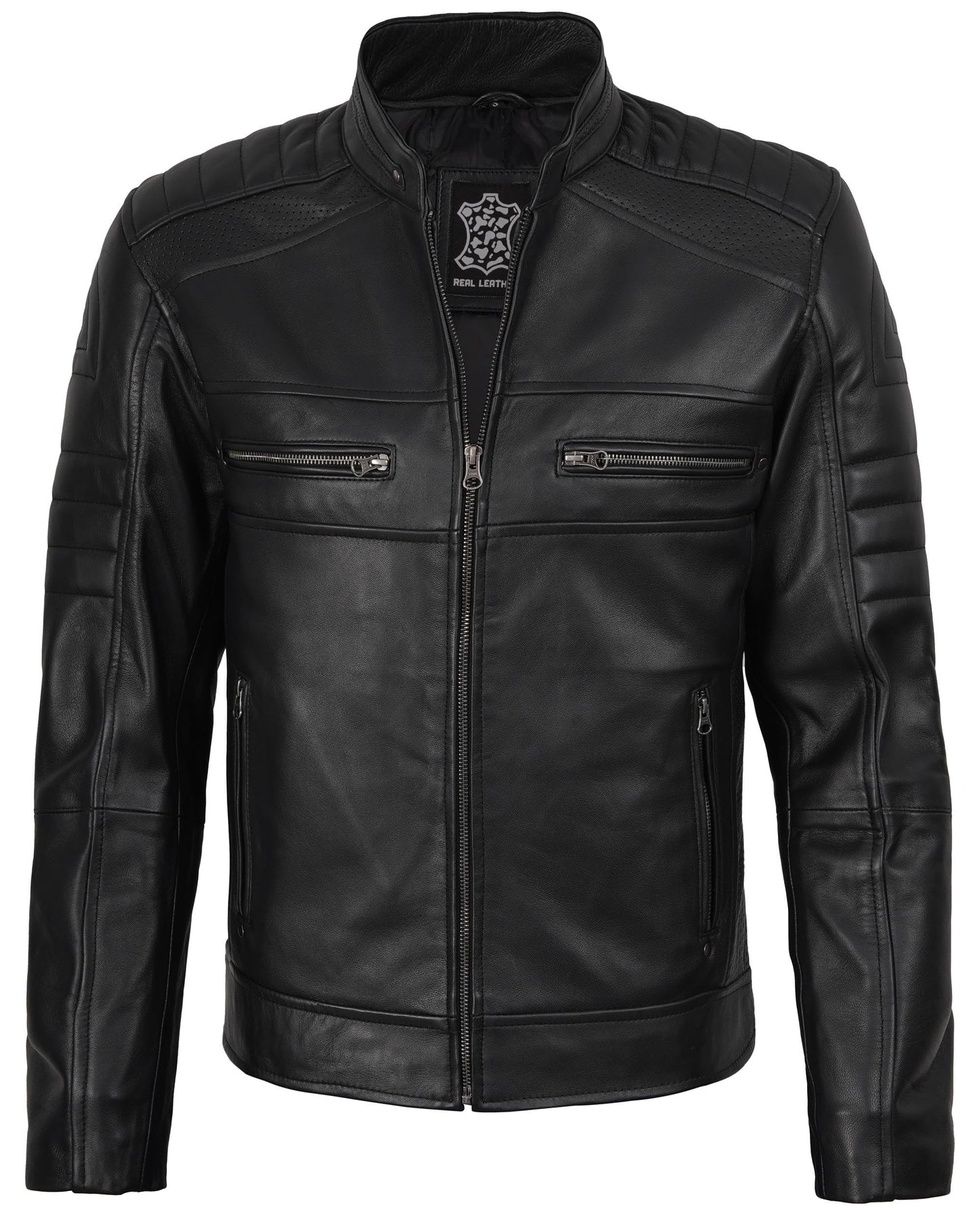 fjackets Cafe Racer Leather Jacket Men - leather black jacket men Leather Motorcycle Jacket Mens Austin | [1100074] Blk Lrg