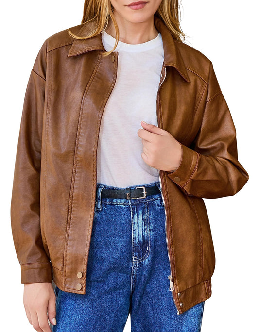 Women's Oversized Faux Leather Bomber Jacket, Zip Up Motorcycle Street Coat