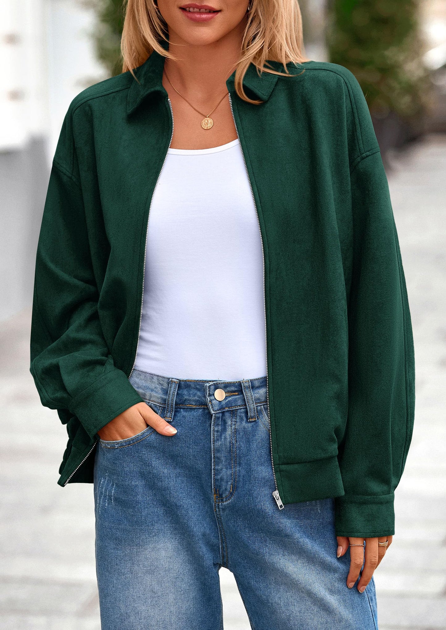 PRETTYGARDEN Faux Suede Bomber Jacket Women Fall Fashion 2026 Casual Zip Up Oversized Trendy Winter Clothing Outerwear Coats (Dark Green,Small)