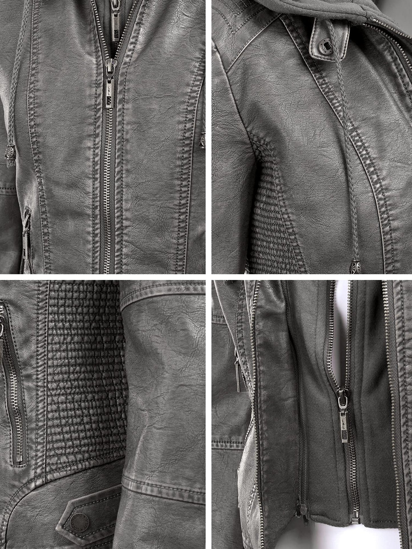 Lock and Love LL WJC1044 Womens Faux Leather Quilted Motorcycle Jacket with Hoodie Medium Grey