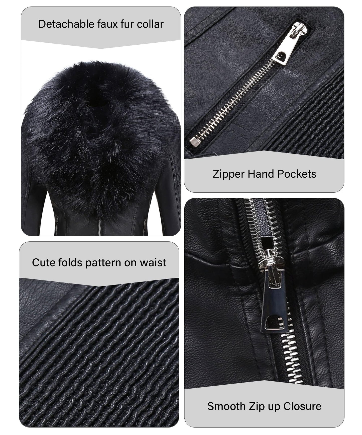 Bellivera Women's Faux Leather Short Jacket Moto Sherpa-Lined Coat with Removable Fur Collar 9201 Black XL