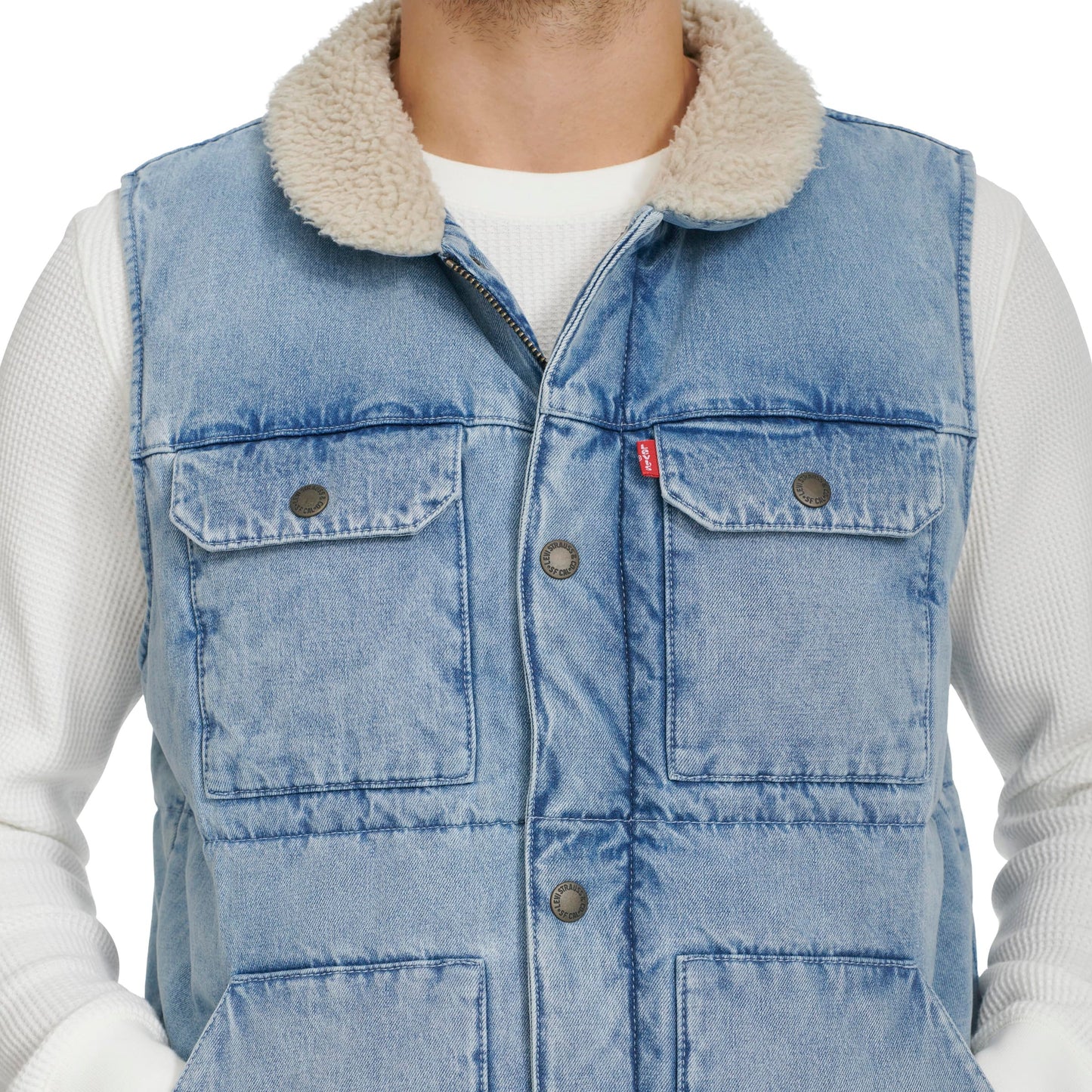 Levi's Men's Mixed Media Quilted Puffer Jacket With Sherpa Lined Collar (Regular and Big & Tall Sizes), Light Wash Denim Vest, Small