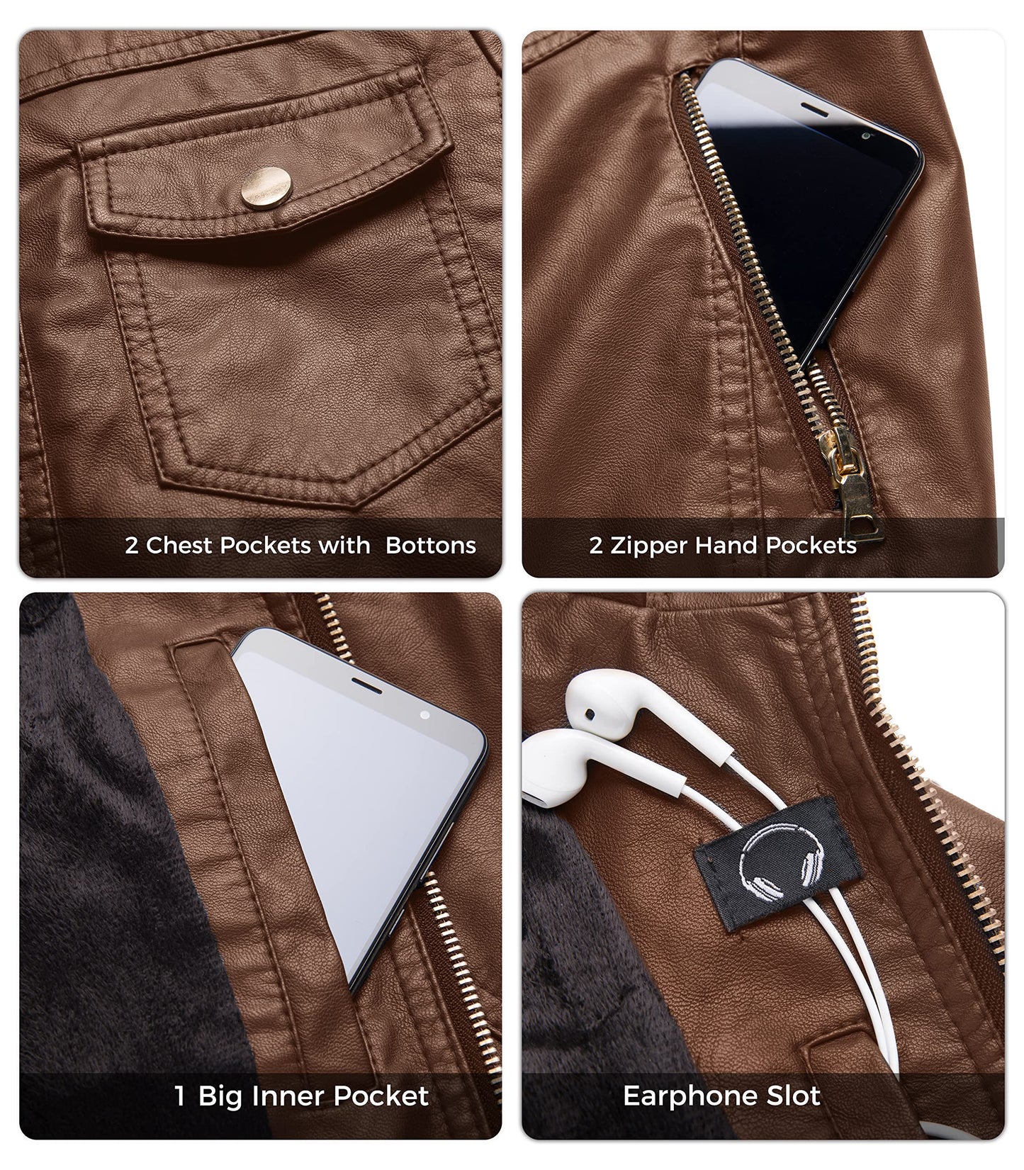 wantdo Women's Classic Solid PU Jacket Zip up Faux Leather Coat Khaki M