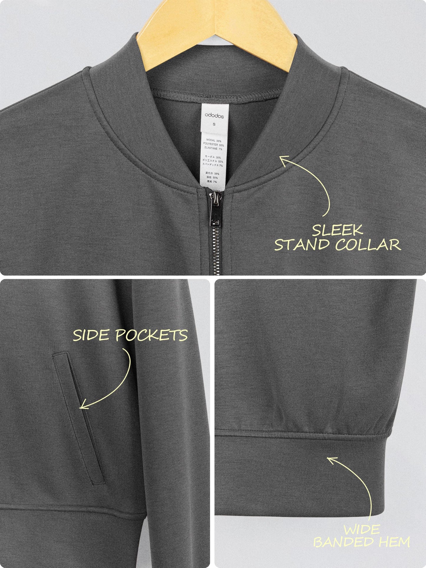 ODODOS Modal Soft Full-Zip Bomber Jacket for Women Long Sleeve Casual Fall Outfit Crop Top with Pockets, Charcoal, Large
