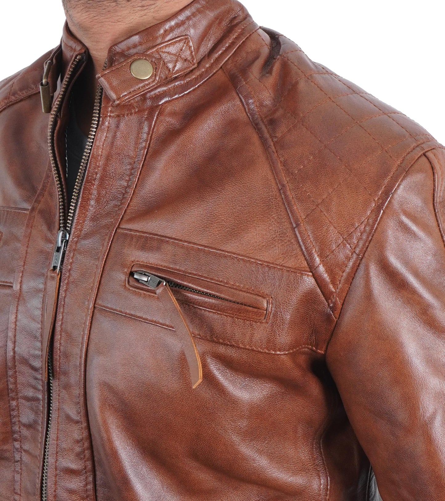 STOREJEES Leather Biker Jacket Men | Diamond Brown - S